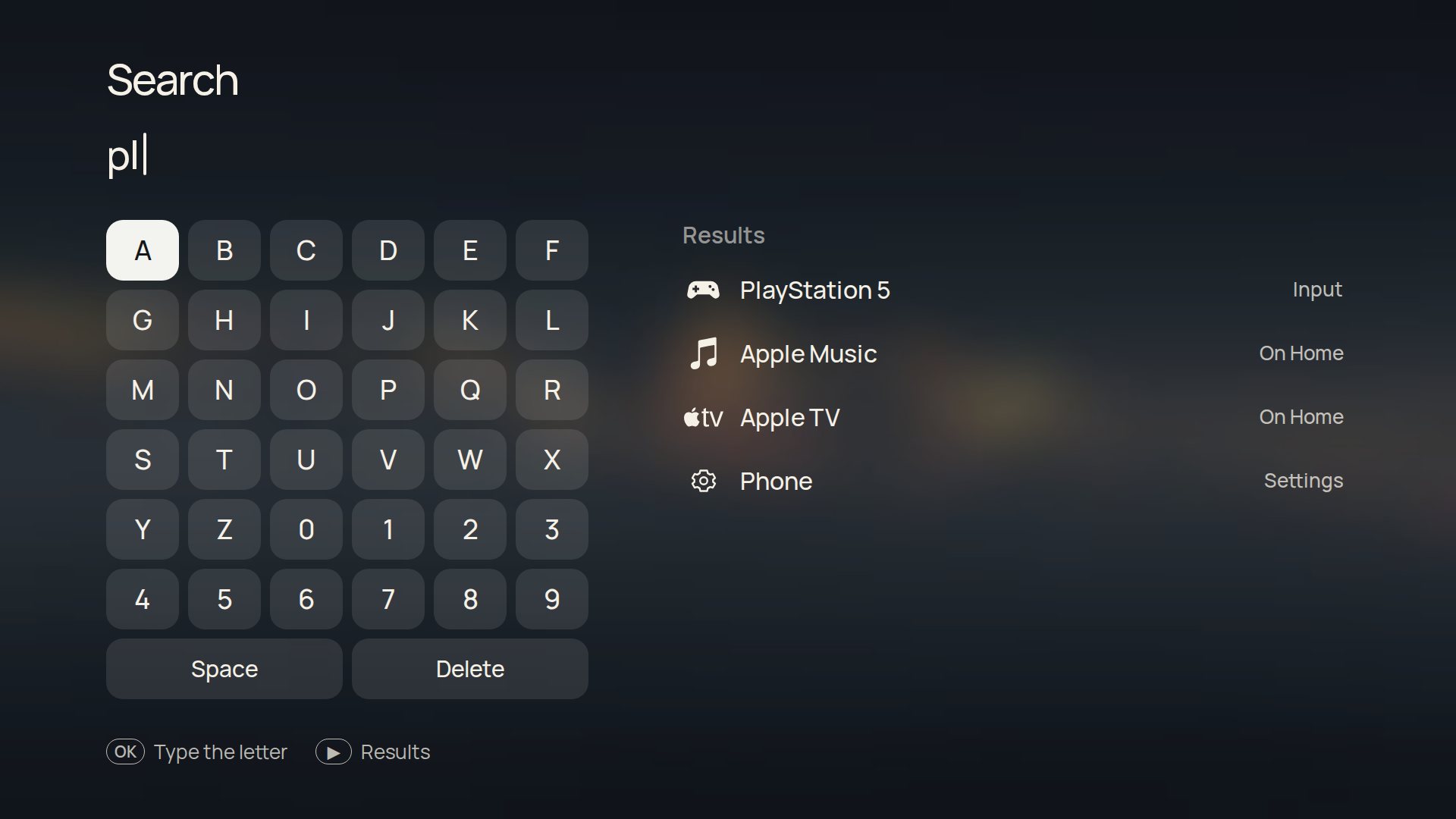 Search: the letters p and l typed, with PlayStation 5, Apple Music, Apple TV and the Phone settings page as results