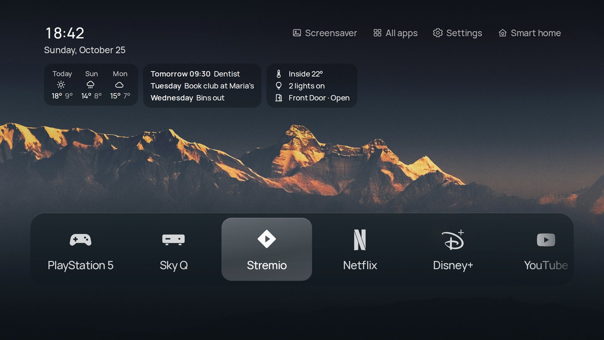 Home with a row of widgets under the clock