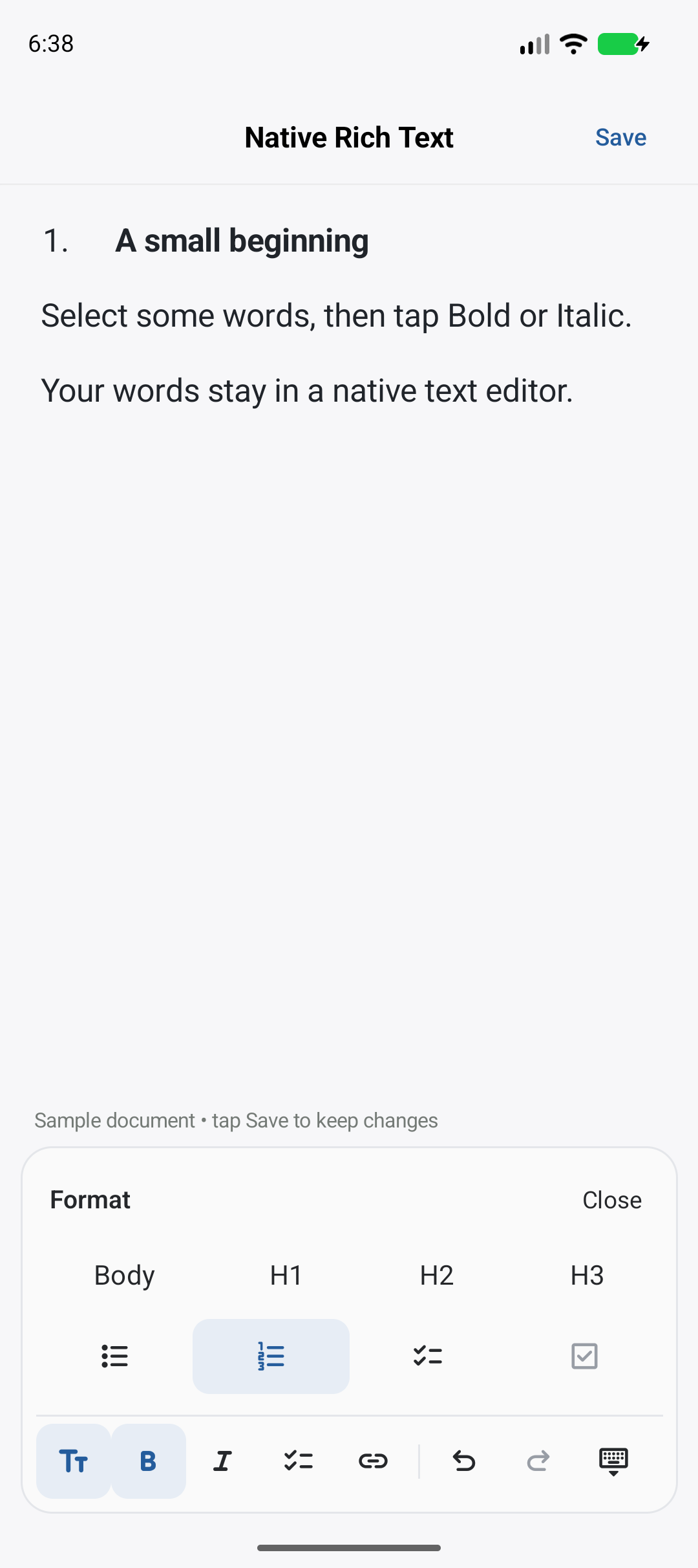 Native toolbar format panel on Android