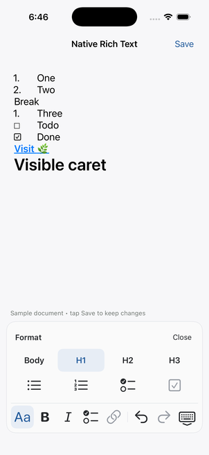 Native toolbar format panel on iOS