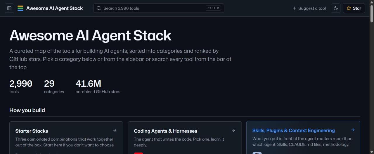 The Awesome AI Agent Stack website: 3,000+ tools in 29 categories, ranked by GitHub stars