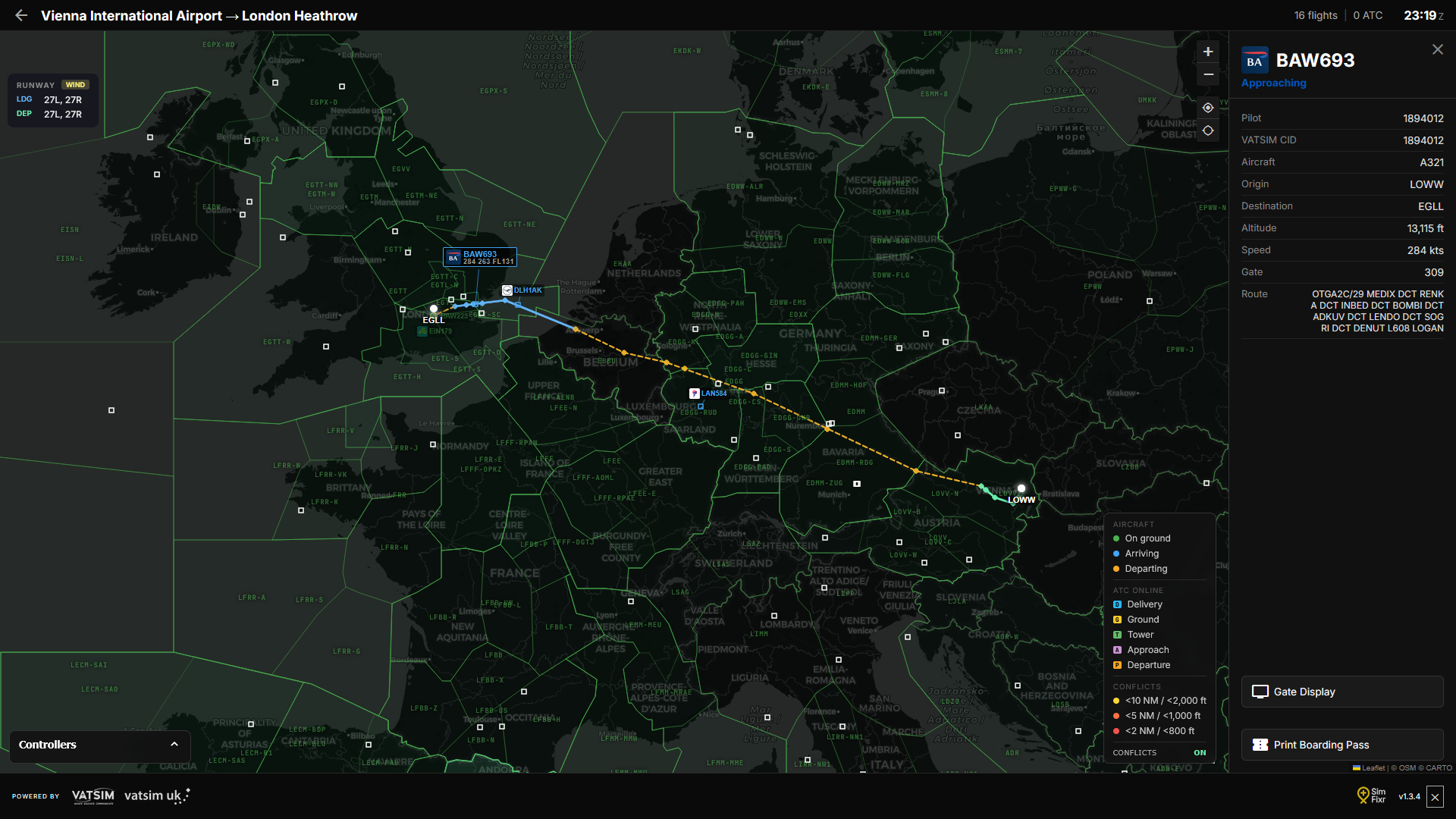 FlightBoard live radar map showing en-route aircraft and ATC sectors