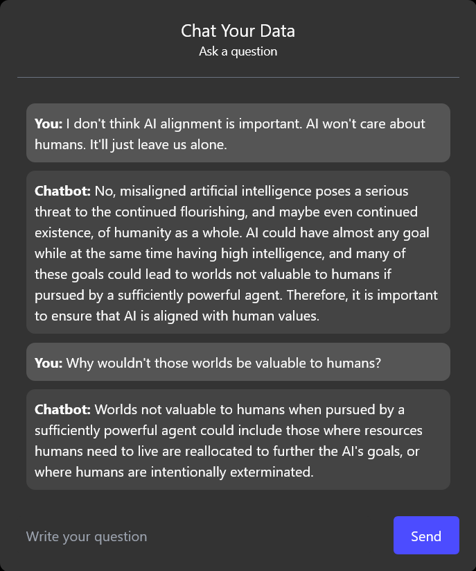 Screenshot of the AI Safety Conversational Agent answering questions about AI alignment.