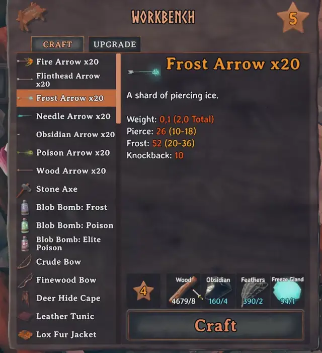 Crafting with an empty inventory: wood, obsidian, feathers and glands from the chests