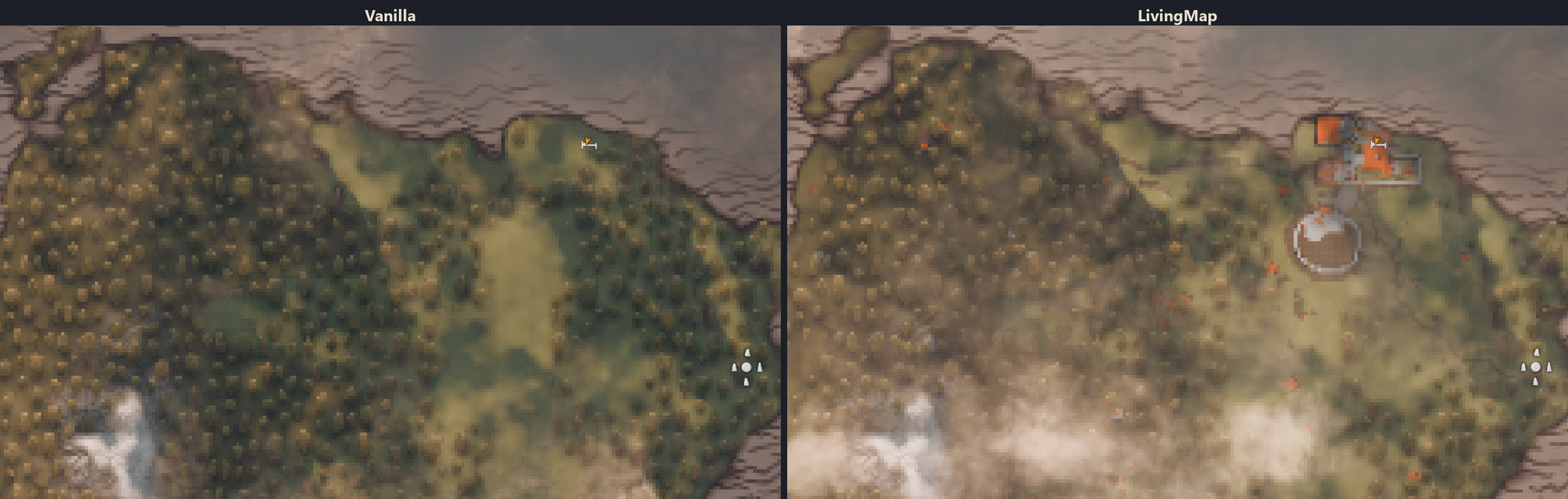 The big map: vanilla on the left, LivingMap on the right - the base, its paved circle, paths and the cleared forest around it