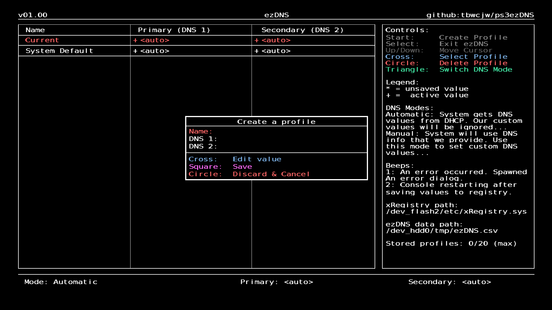 empty profile creation dialog