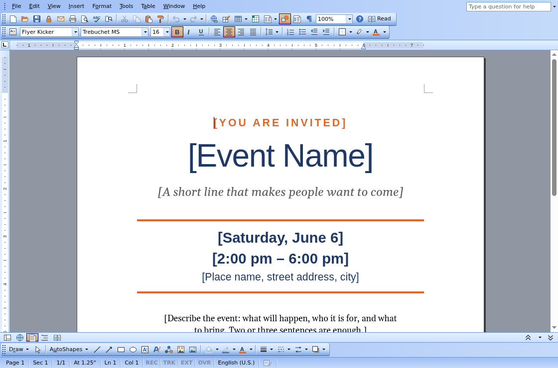 Quire, the word processor, editing an event flyer
