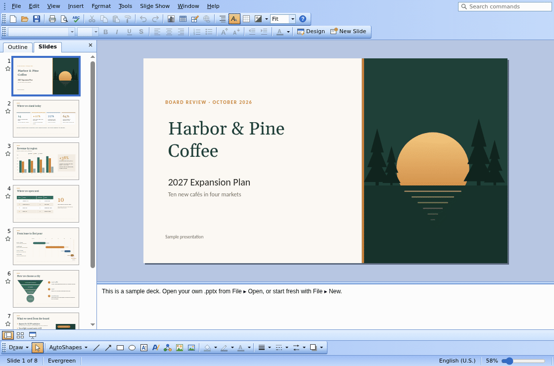 Lectern, the presentation editor, with a cycle diagram, LettersArt and a chart on a slide