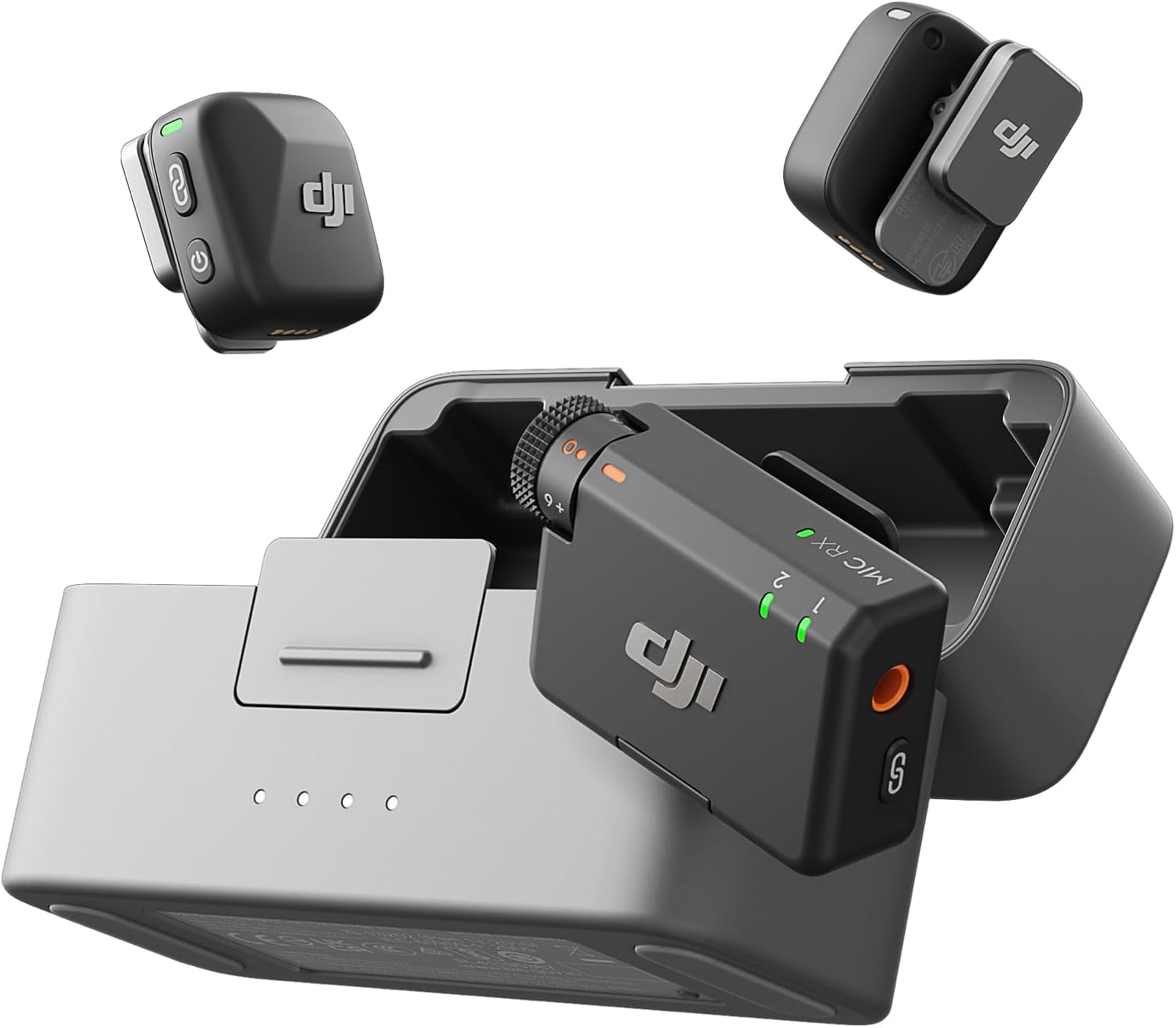 DJI Mic Mini kit with two transmitters, one receiver, and charging case