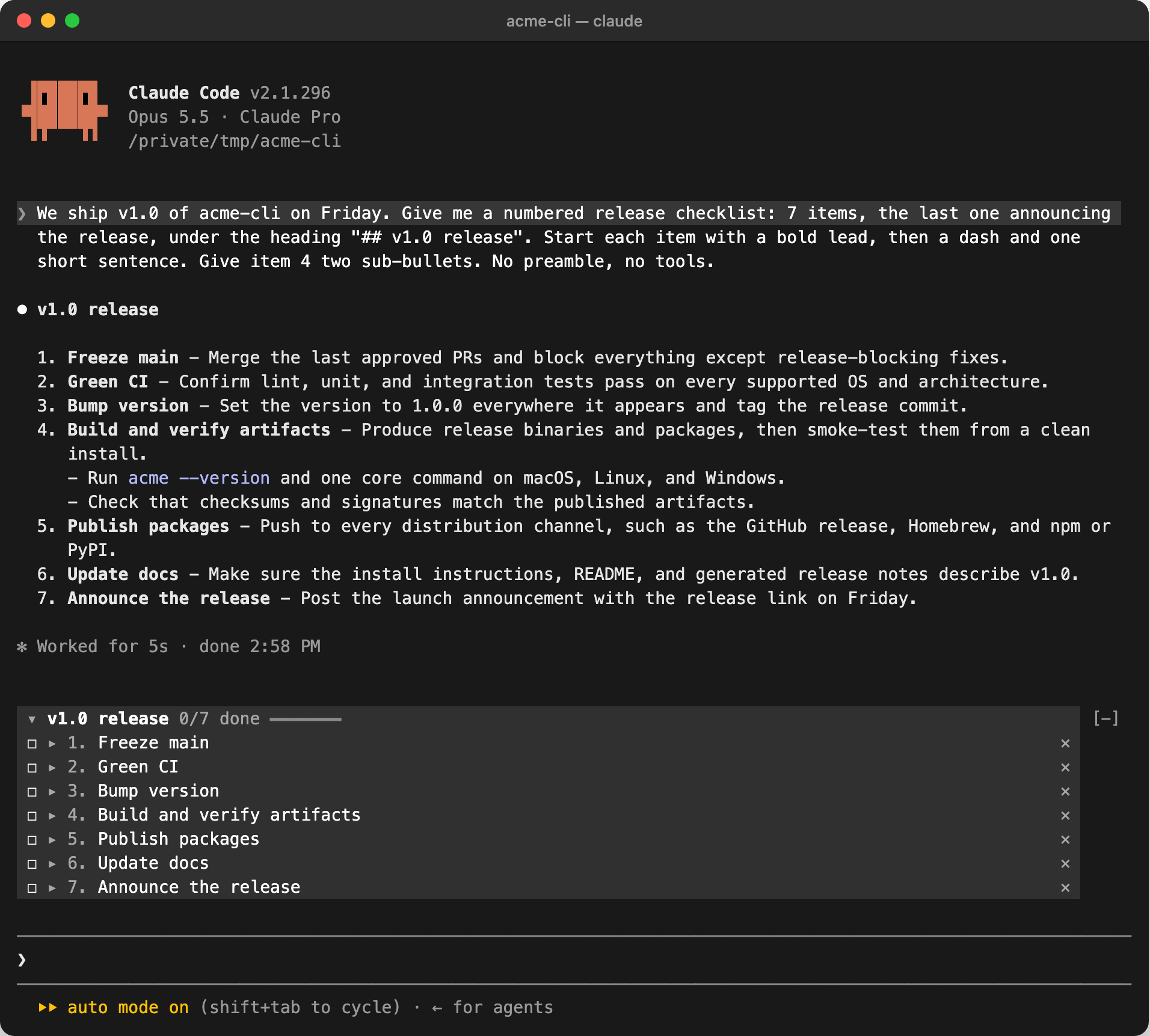 The saved checklist above the prompt, 0 of 7 done