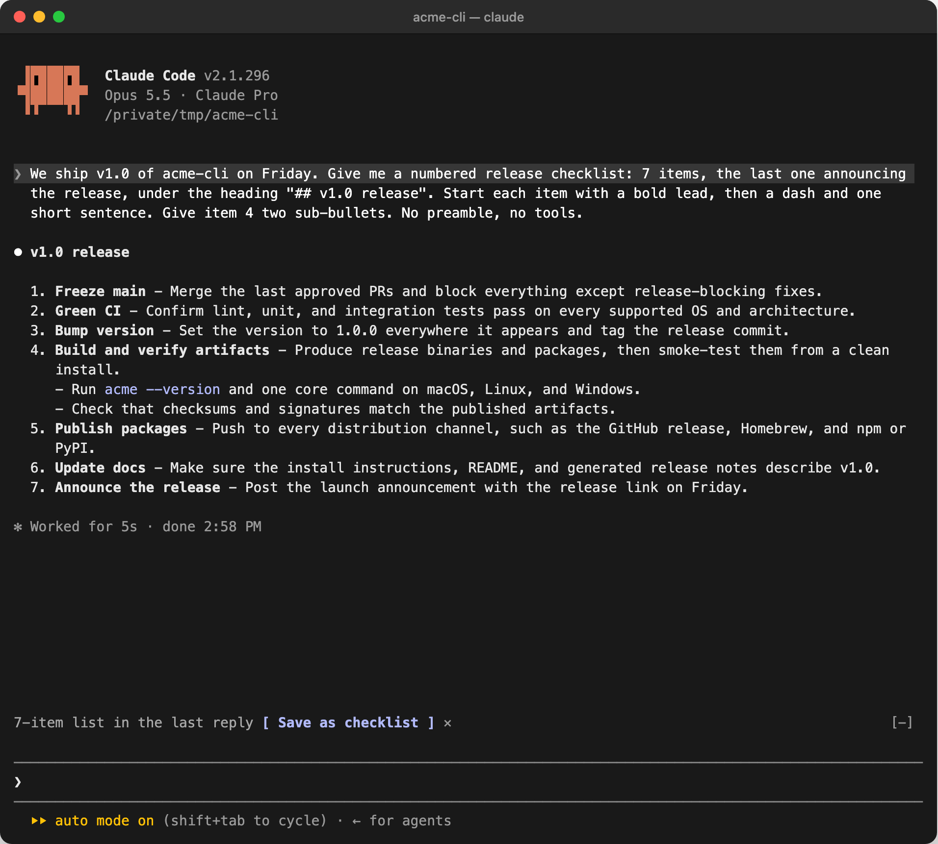 A Save as checklist button above the prompt, under Claude's 7-item release checklist
