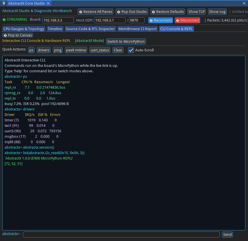 Studio’s CLI tab running Python on the E906 while the compass and GPS stream continues