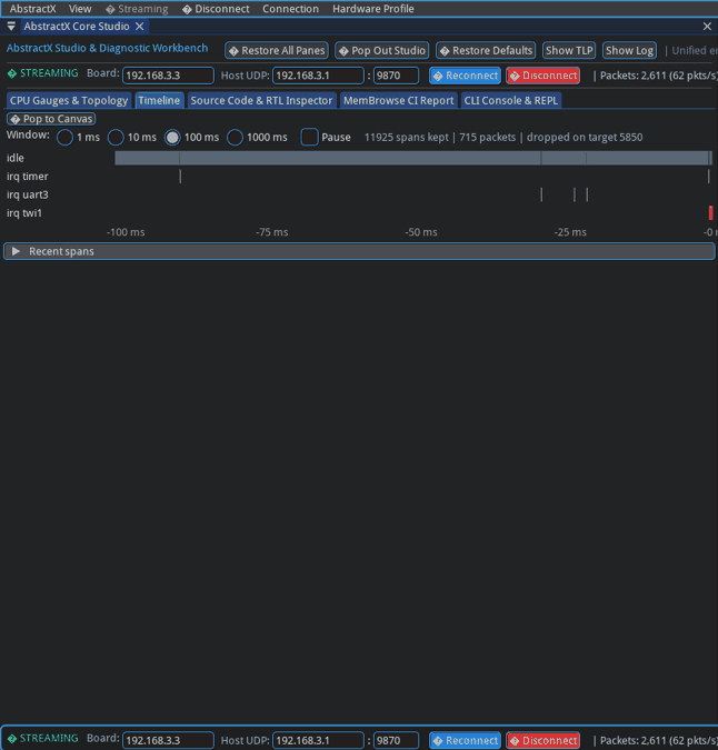 Studio’s timeline, animated: swimlanes for idle and each interrupt line on the E906 cycle clock, 100 ms window