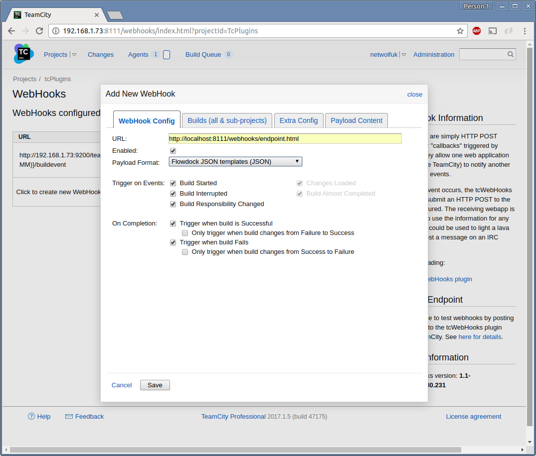 Screenshot showing the "Add New WebHook" screen