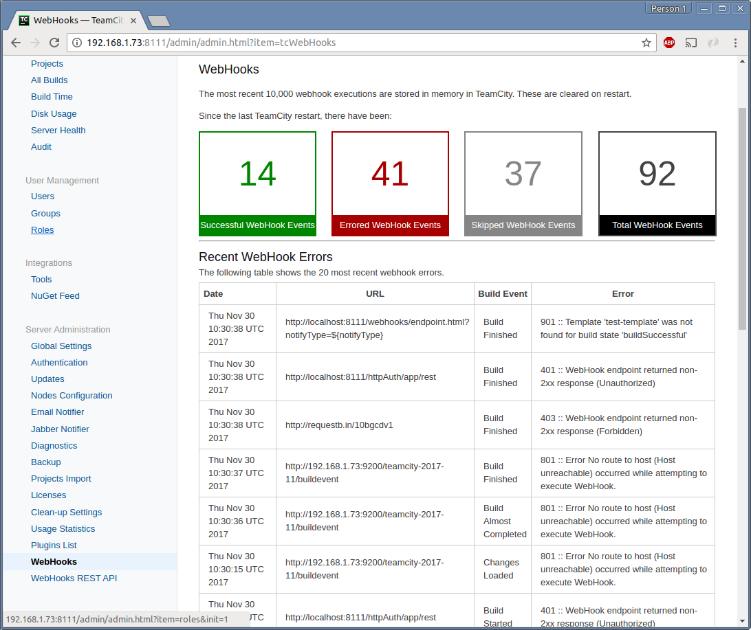 Screenshot showing the "WebHooks Admin tab"