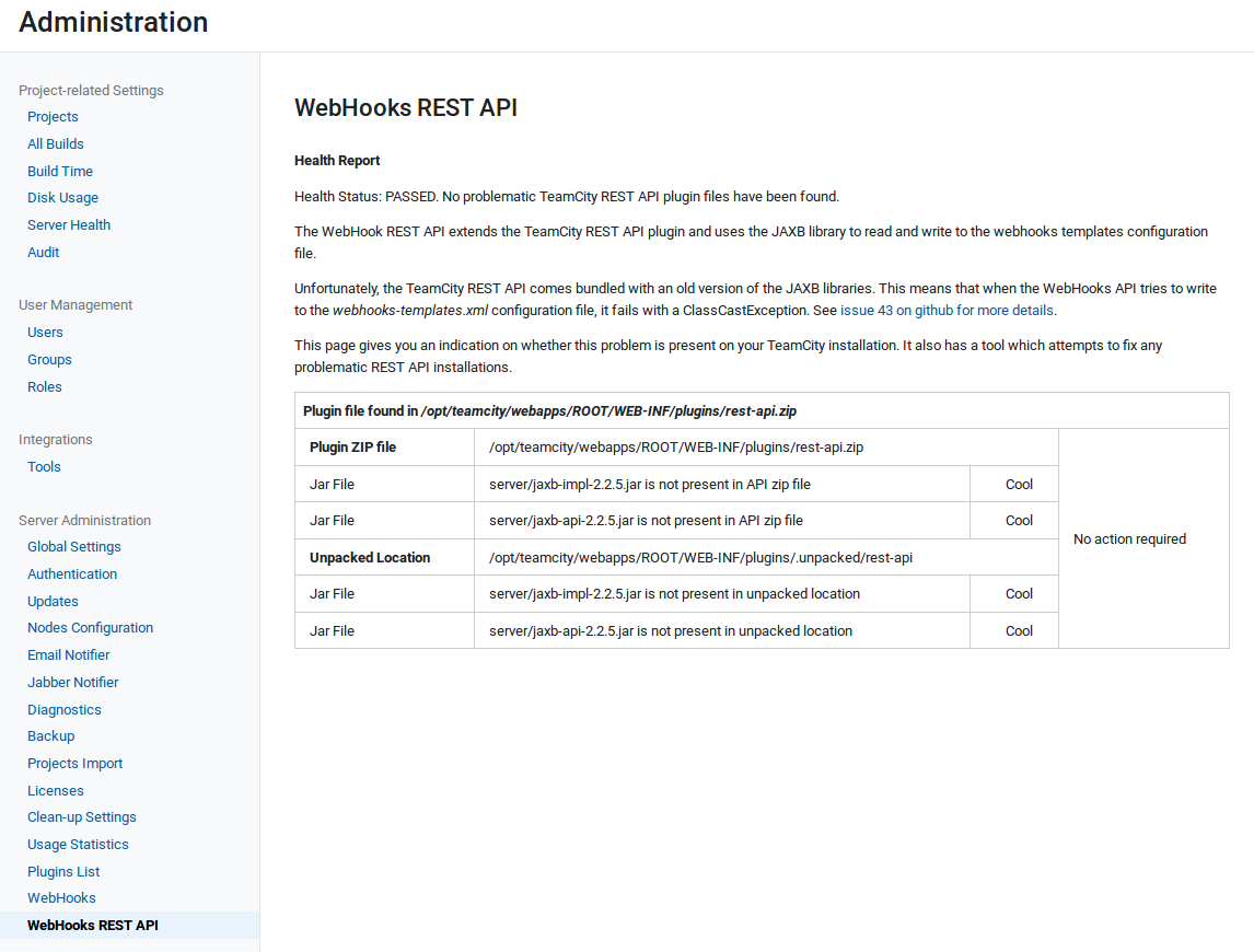 WebHook REST API page in TeamCity Administration section