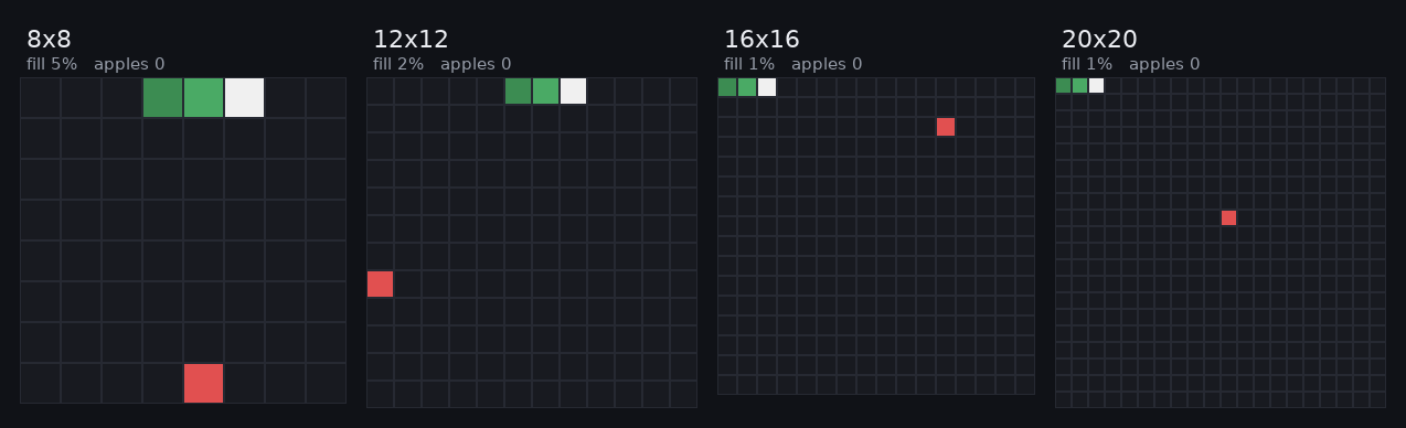 Neural Noodle Snake agent across four board sizes