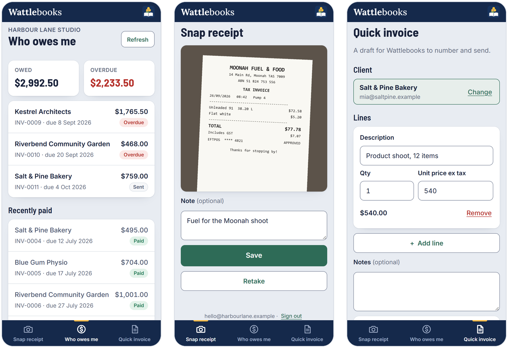 Three phone screens: the list of unpaid invoices, a receipt photo with a note, and a quick invoice form