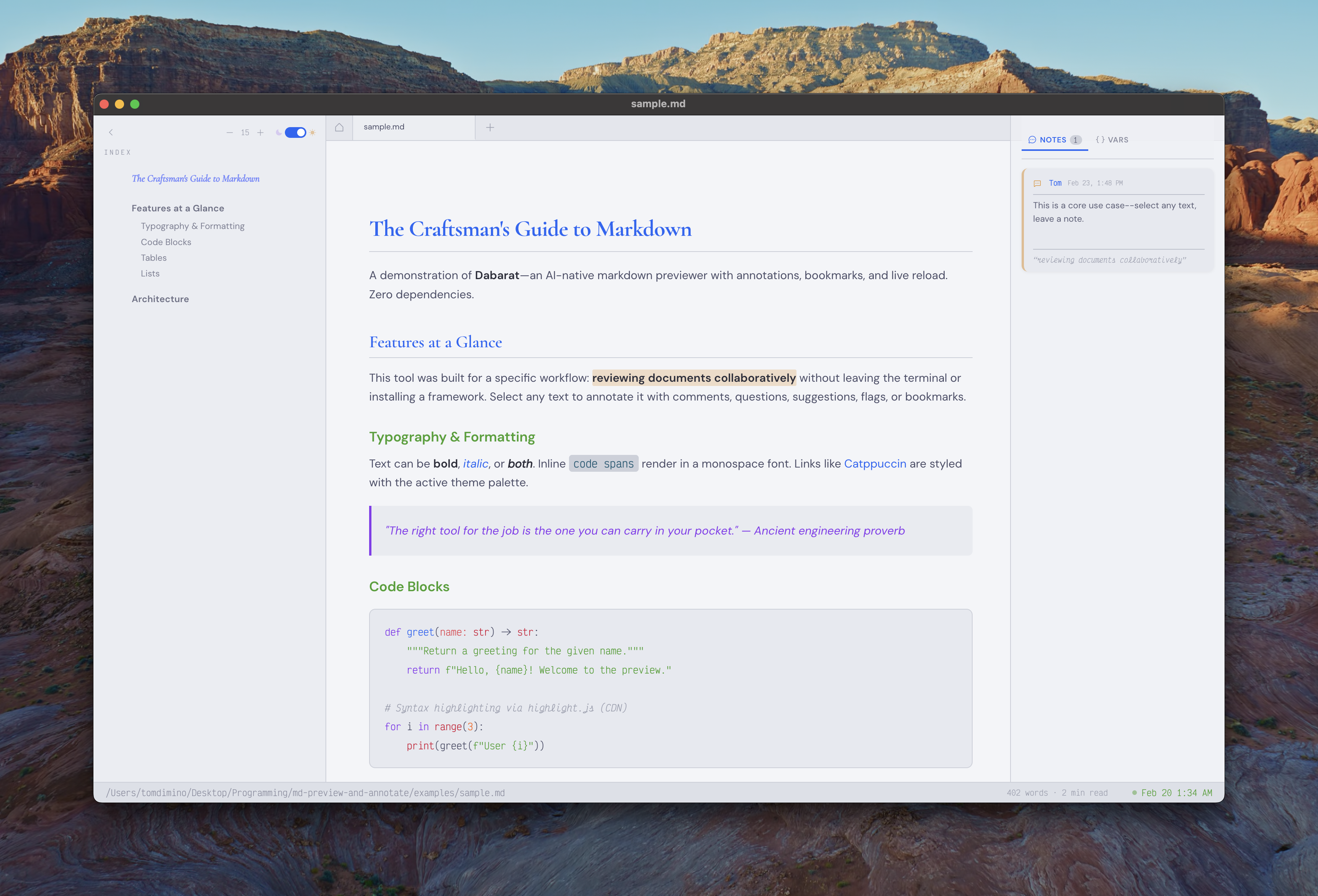 Light theme with TOC sidebar, annotations panel, and background image