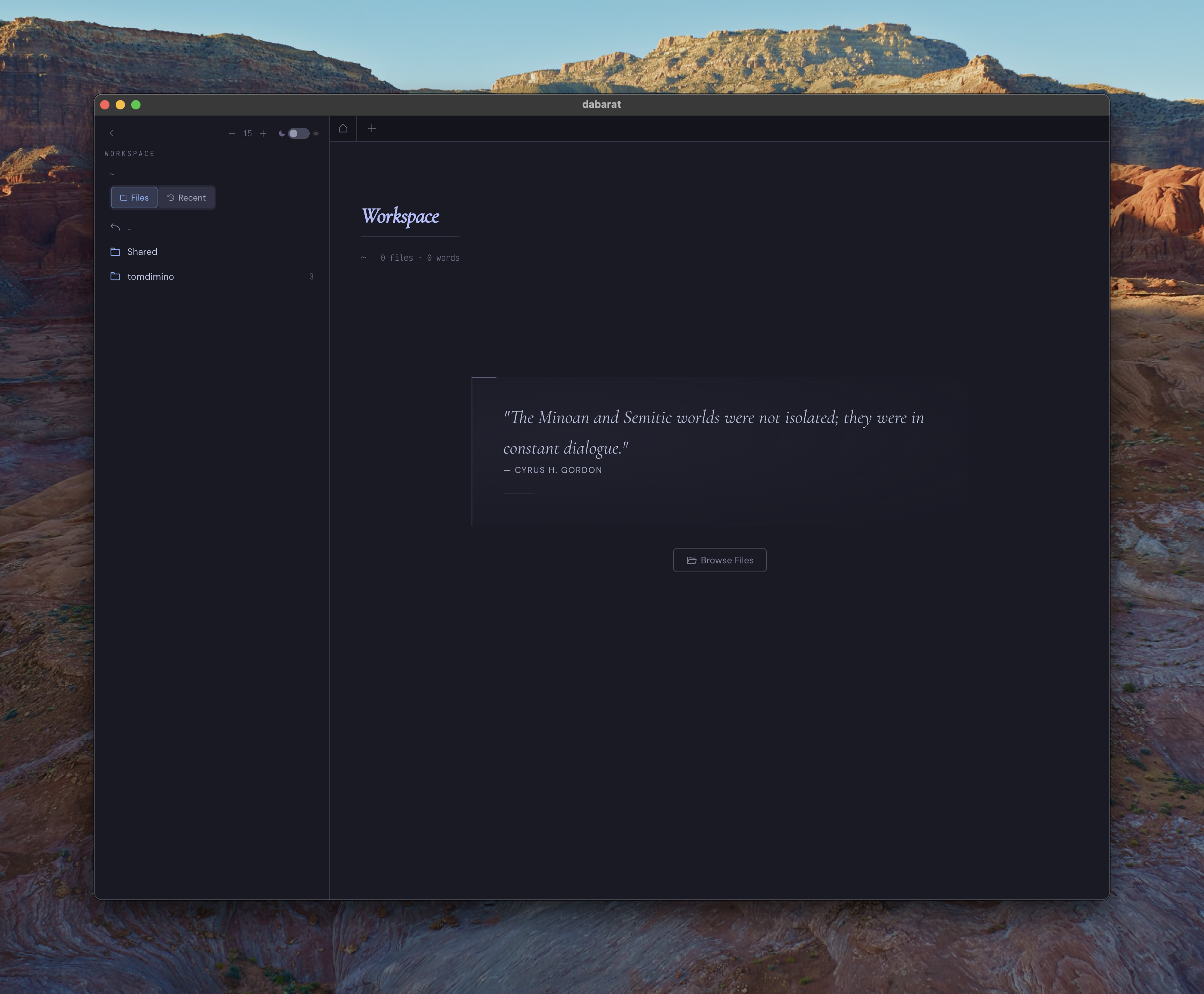 Workspace home screen with empty state quote and background image