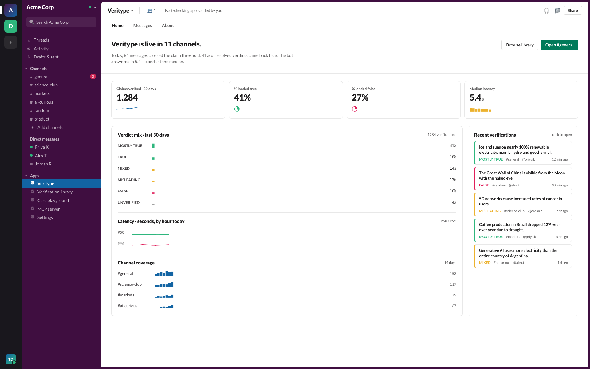 Veritype workspace home in Slack