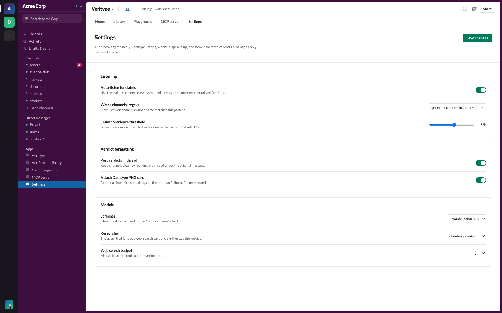 Veritype settings