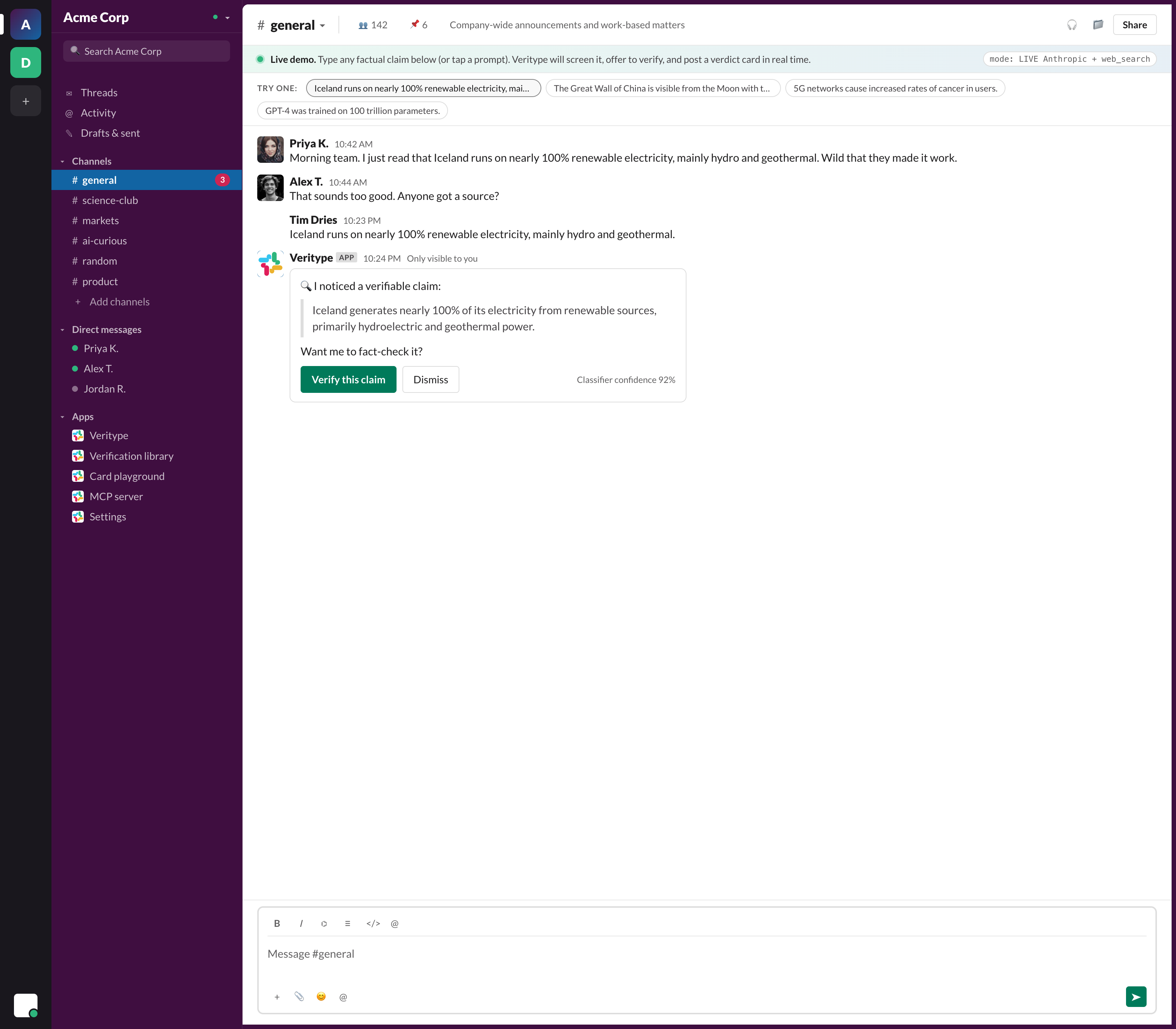 Slack channel with the proactive offer