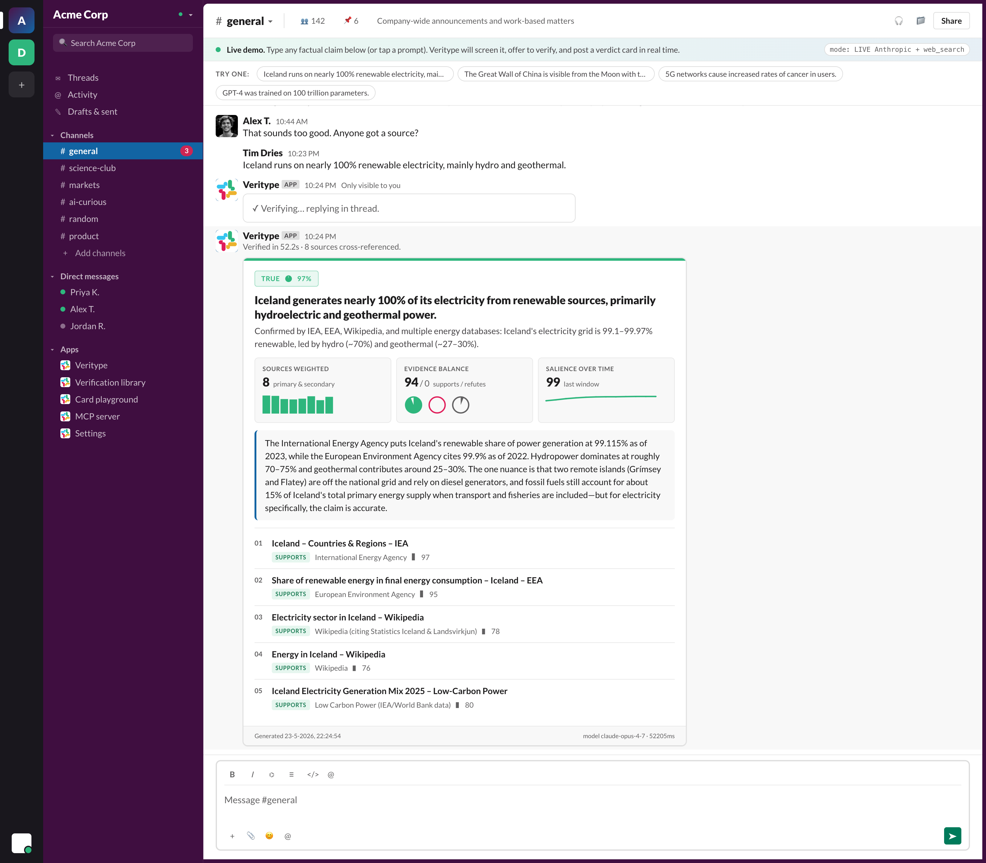 Full verdict card delivered in the Slack thread