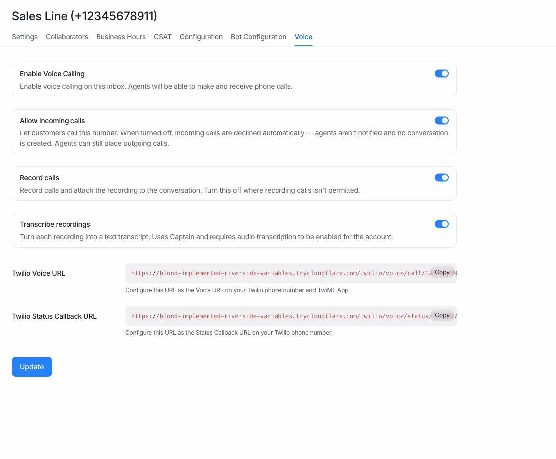 Twilio voice recording
settings