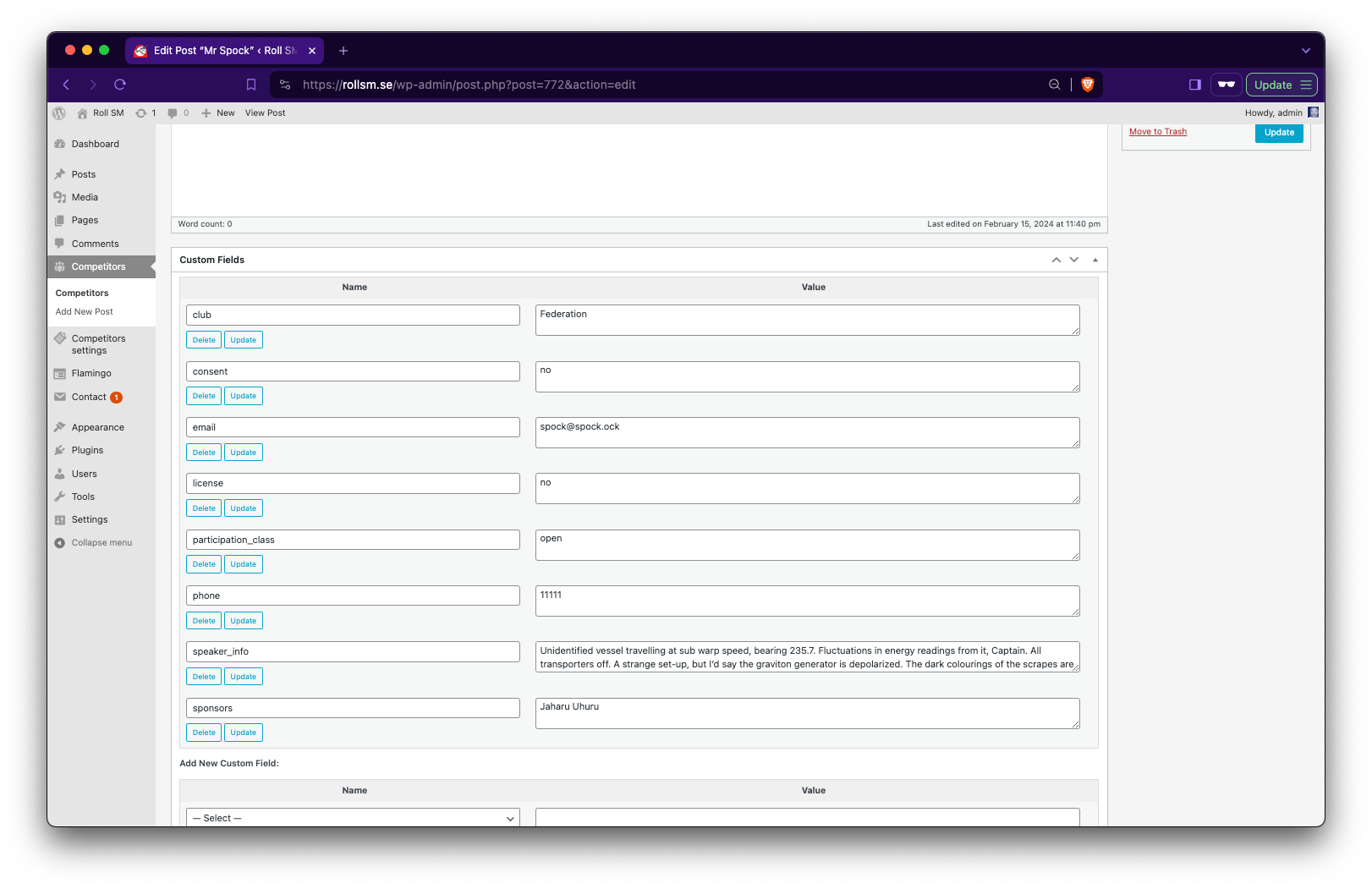 Enter or update all competitor's details