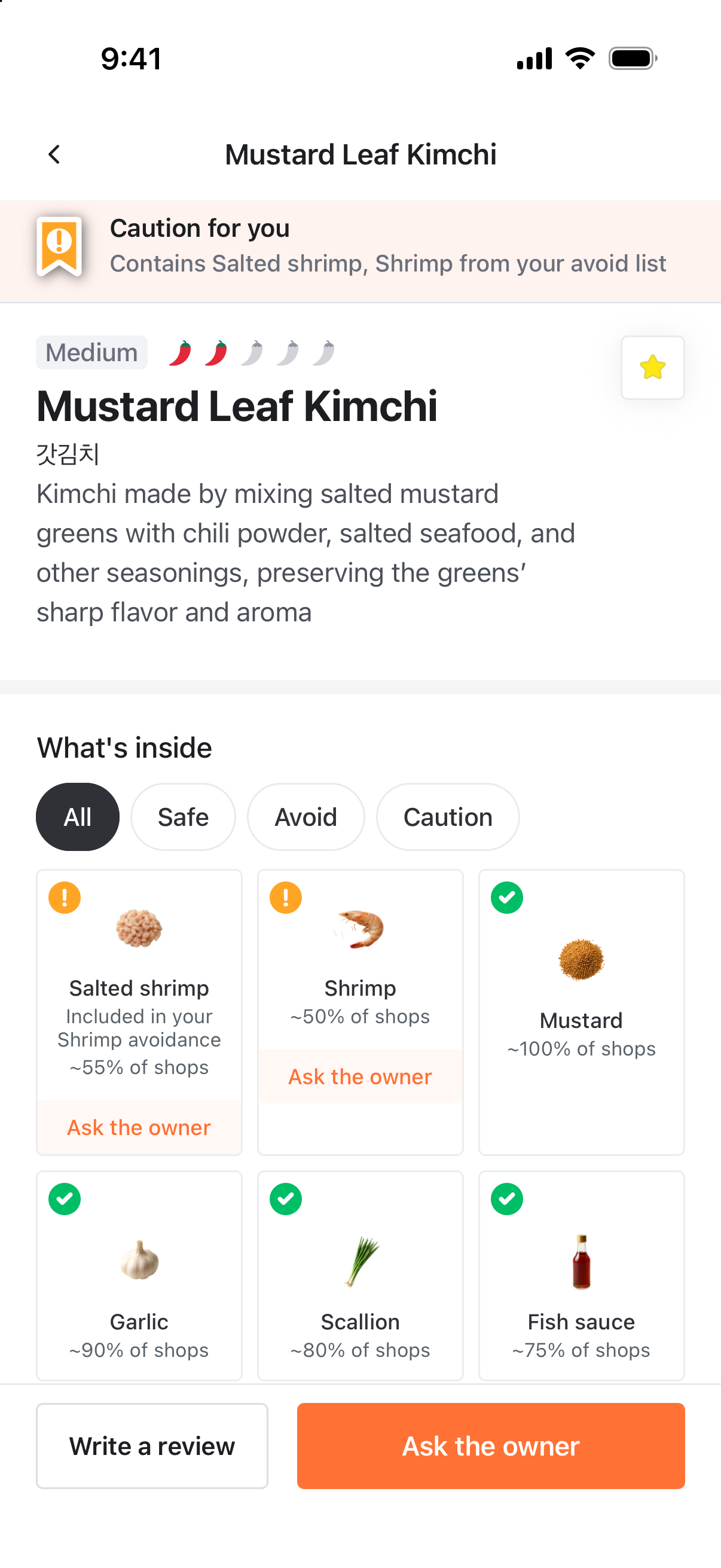 Dish and ingredient details