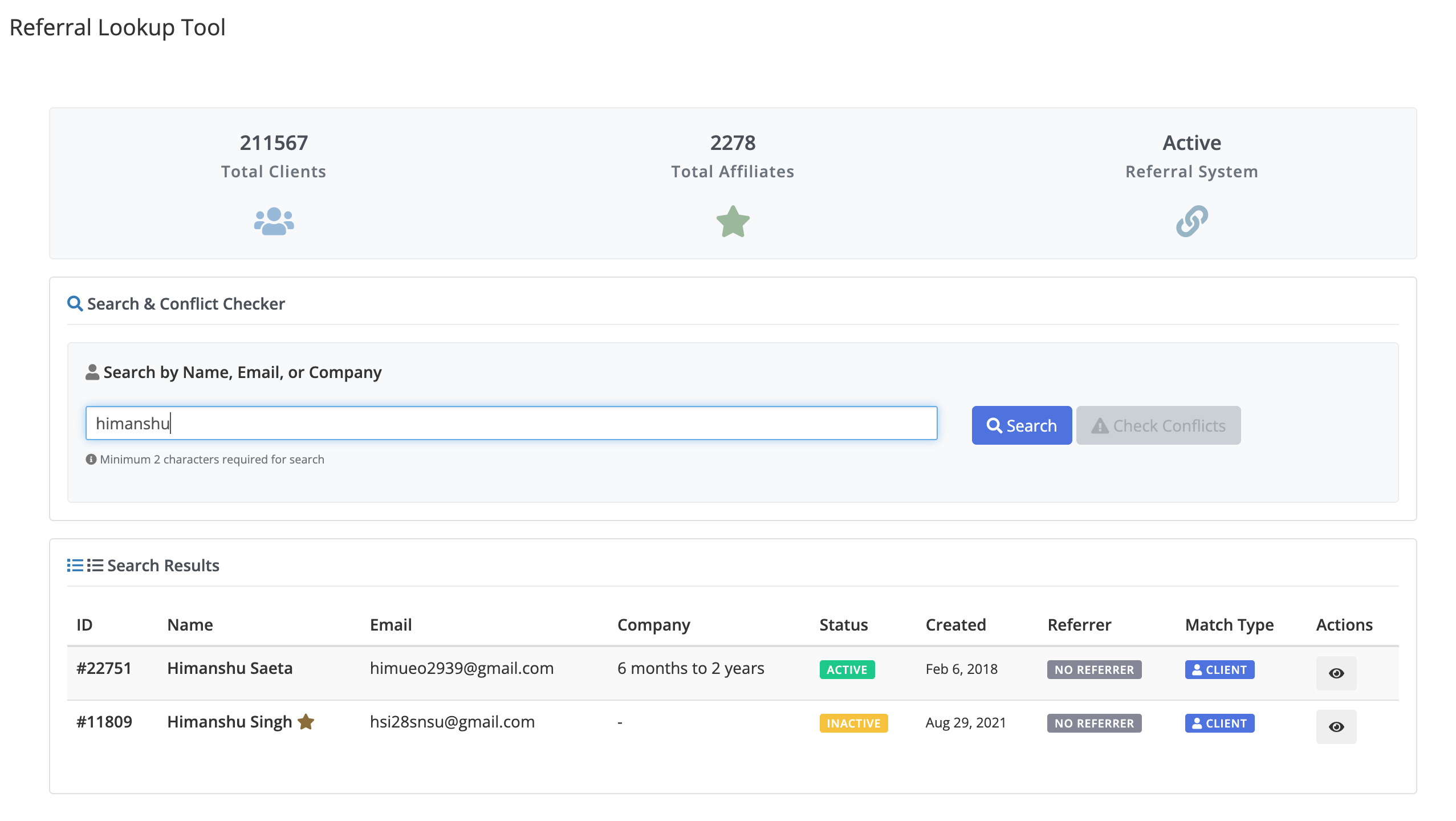 Referral Lookup Dashboard