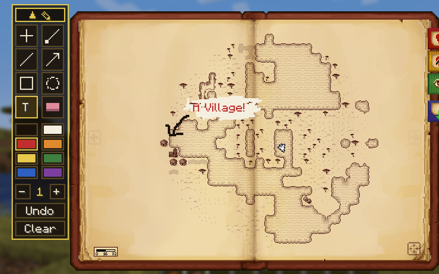 Notes drawn straight onto the atlas: an arrow and a label marking a village