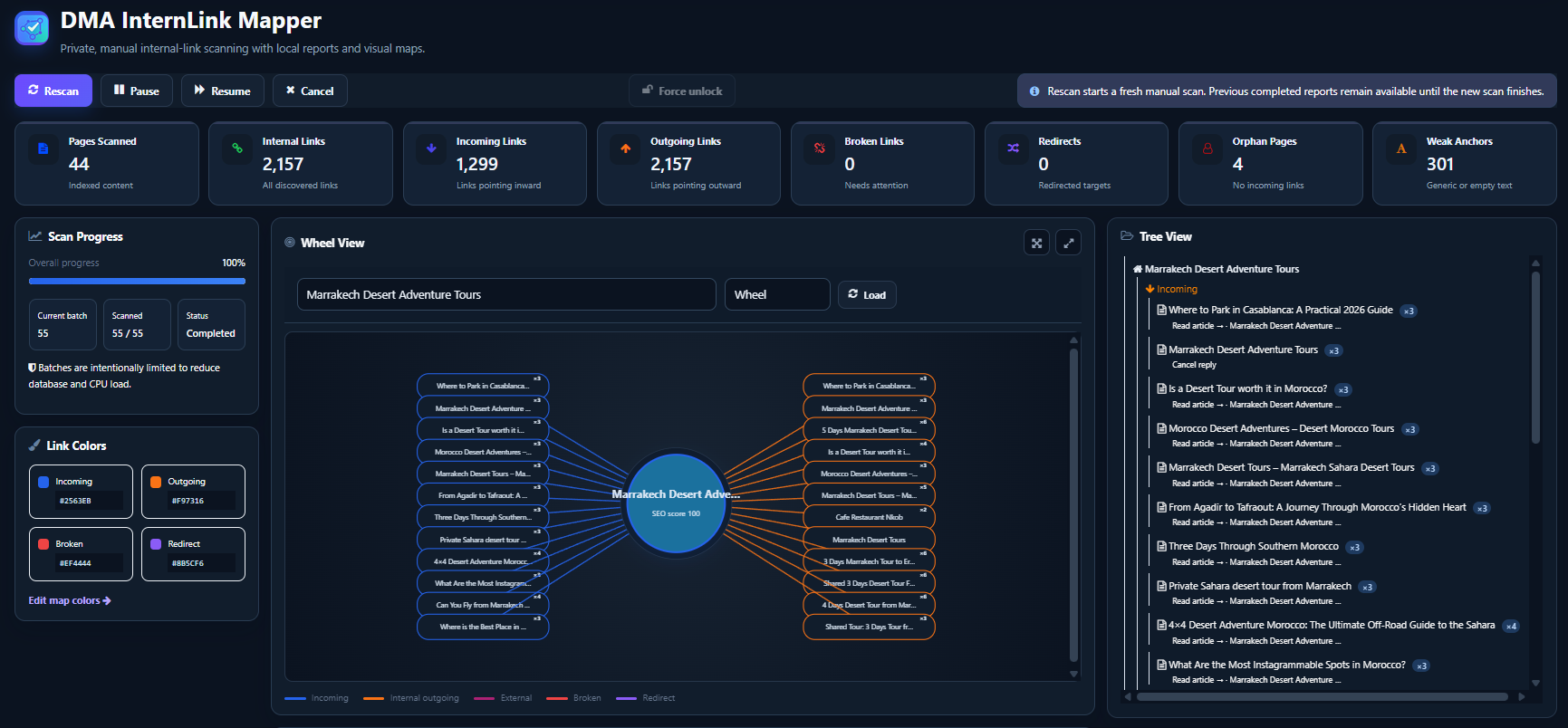 DMA InternLink Mapper WordPress internal link dashboard with scan reports, orphan pages and visual link map