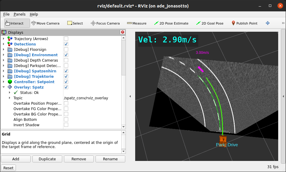 Screenshot showing the robot velocity as an overlay above the RViz 3D Scene, as well as the expanded properties of the plugin