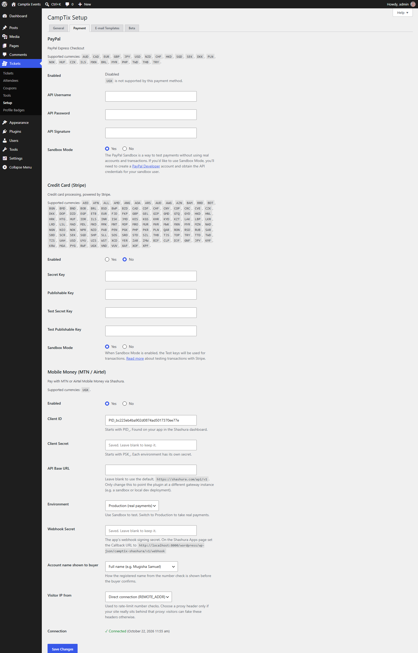 Payment configuration screen