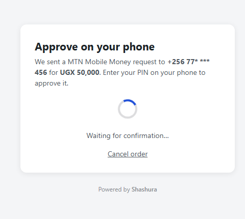 PIN-approval step with Shashura footer