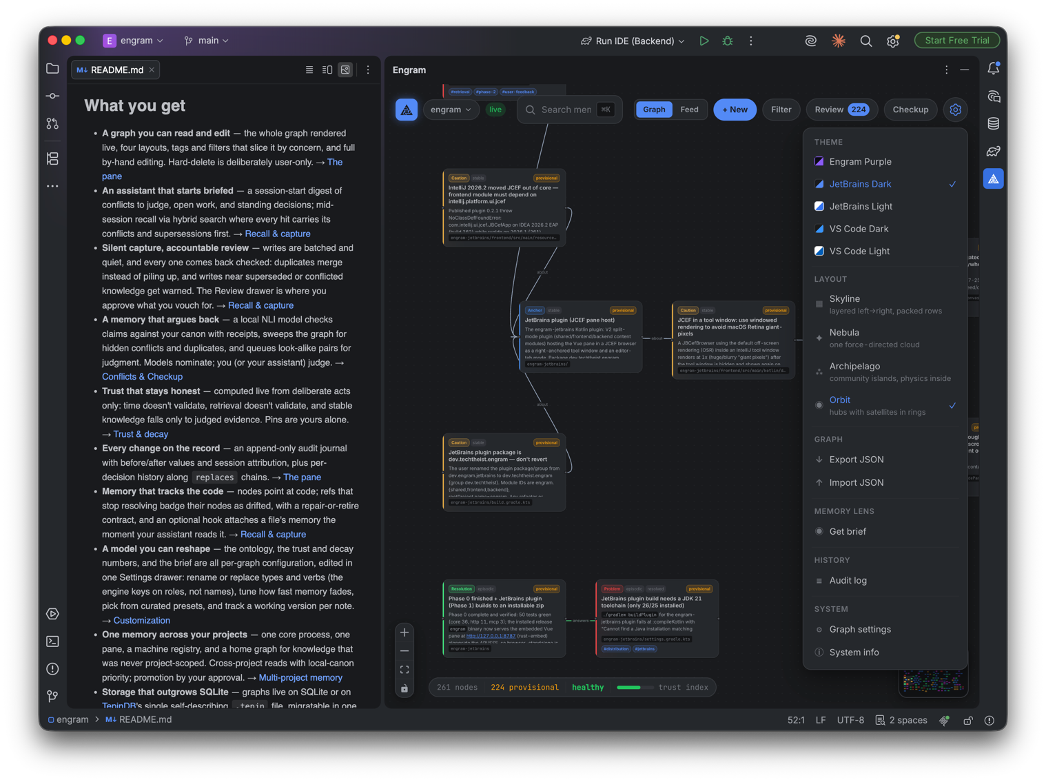 Engram tool window in IntelliJ IDEA: the graph updates live while Claude Code works in the terminal below