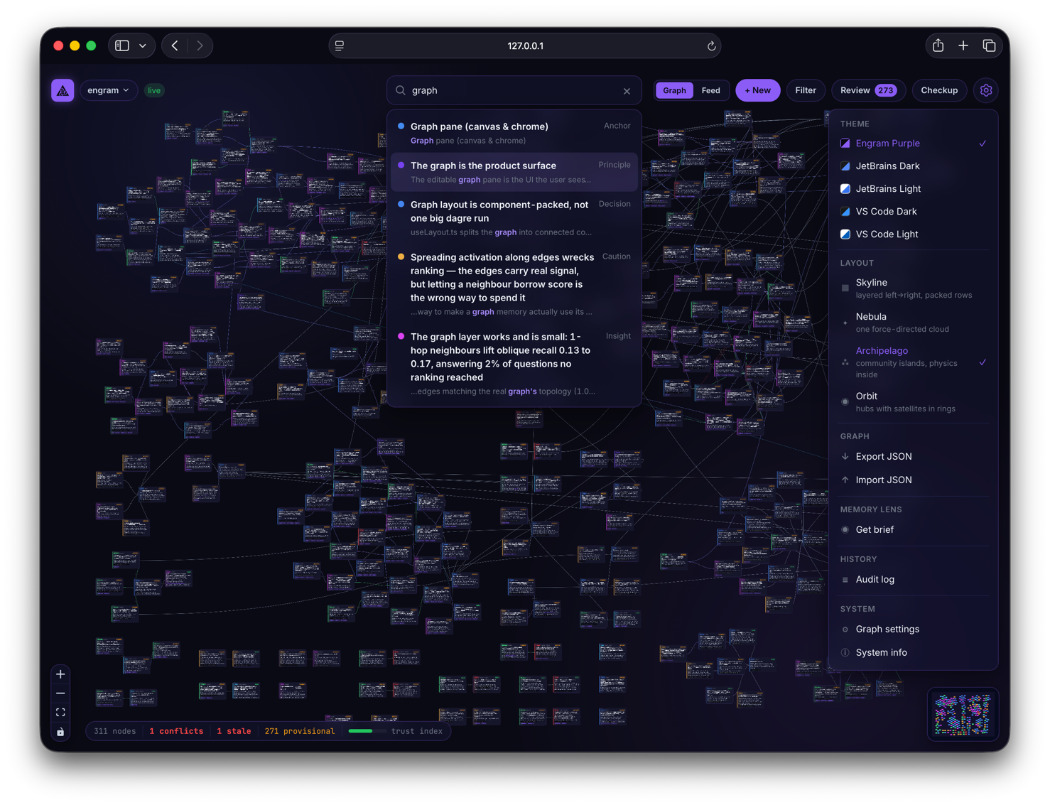 The Engram pane: the live memory graph with the review queue open on the left and the theme & layout menu on the right