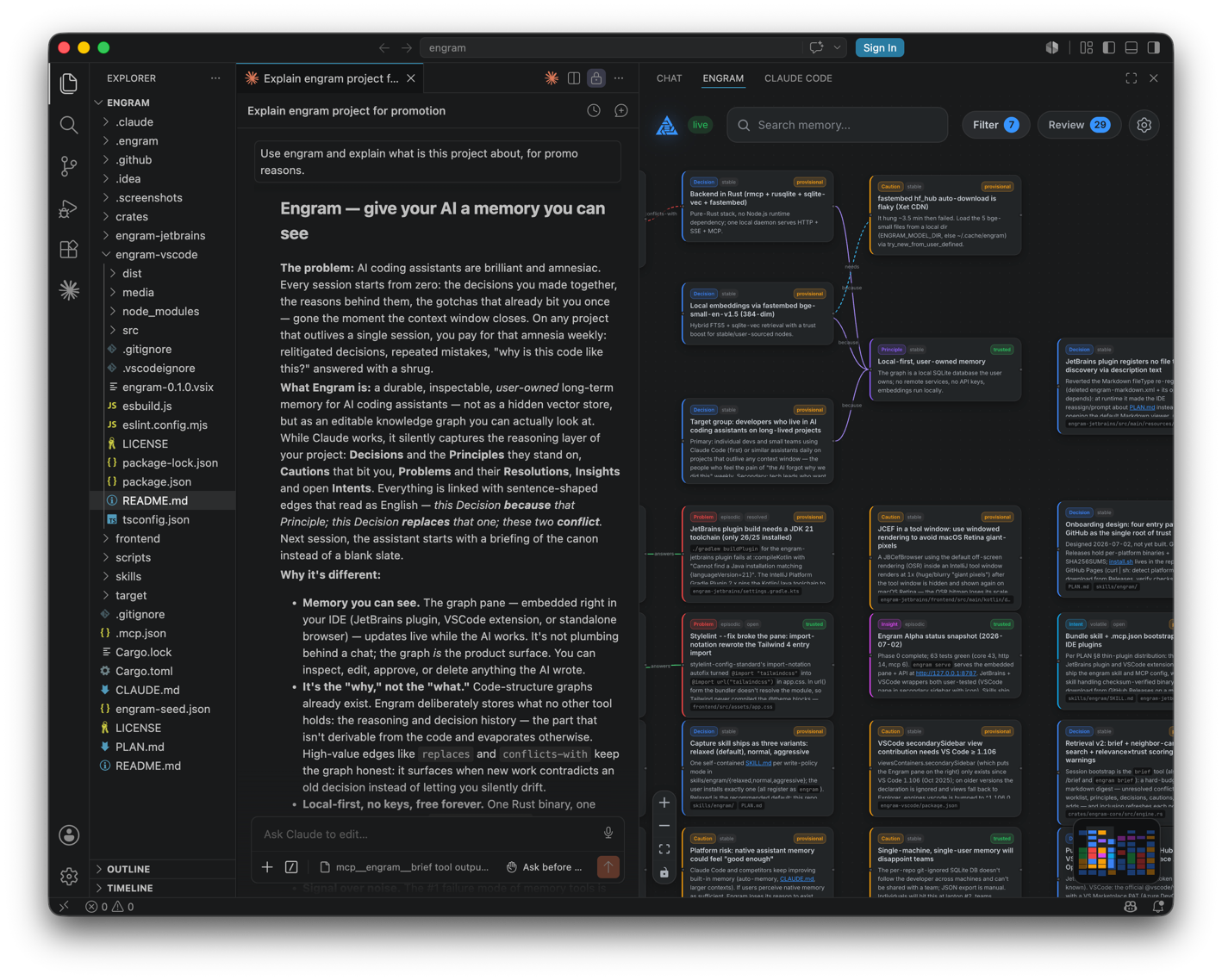Engram pane in VS Code's secondary sidebar: the memory graph updates live while the assistant works