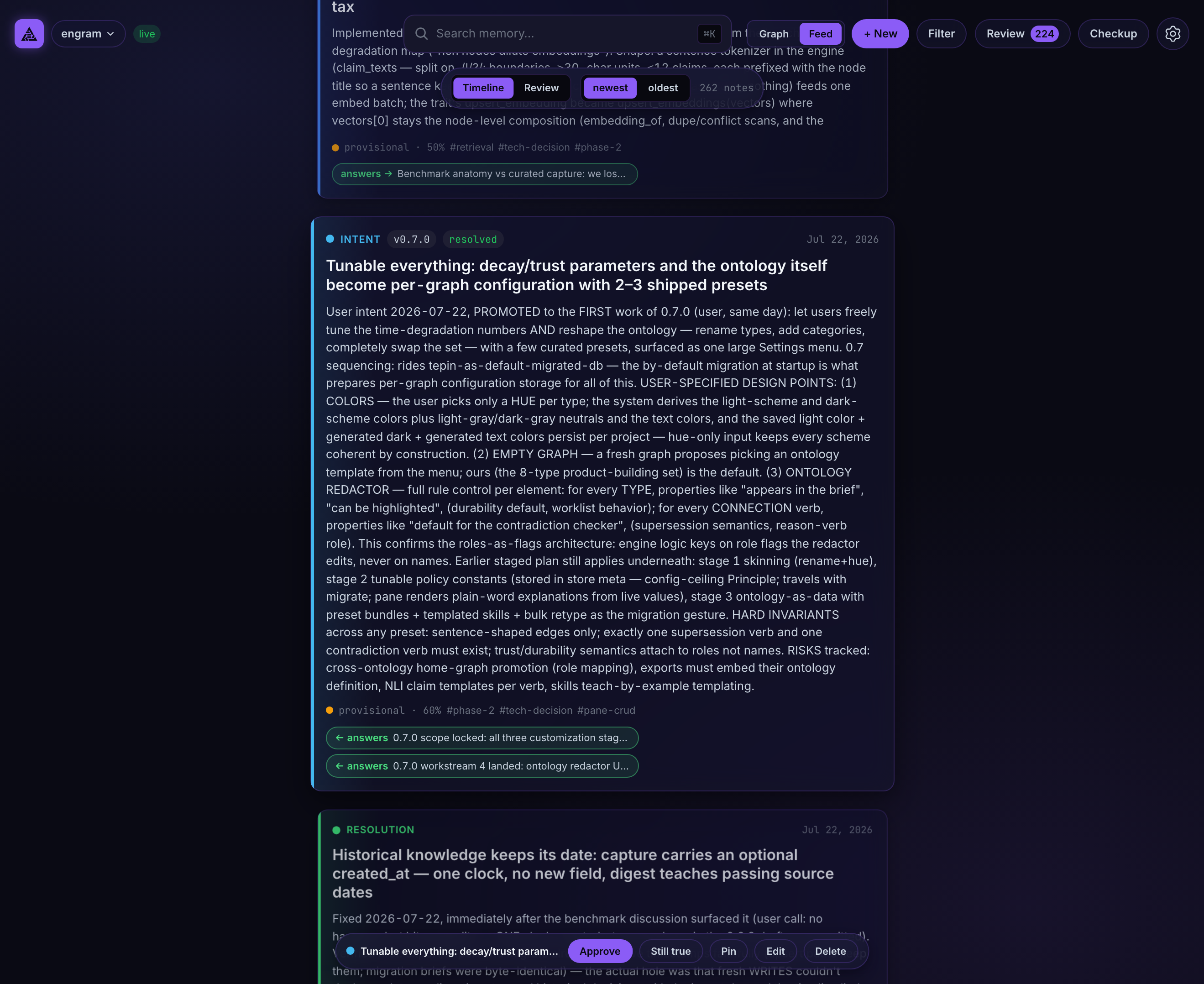 The Feed screen: the same memory as a scrollable timeline — the centered card opens its full story, with the judgment bar at the bottom