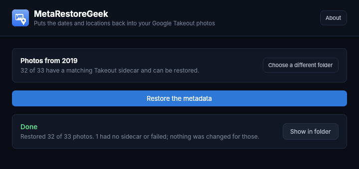 screenshot done Done: restored 32 of 33 photos