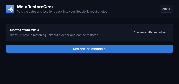screenshot folder MetaRestoreGeek showing 32 of 33 photos can be restored