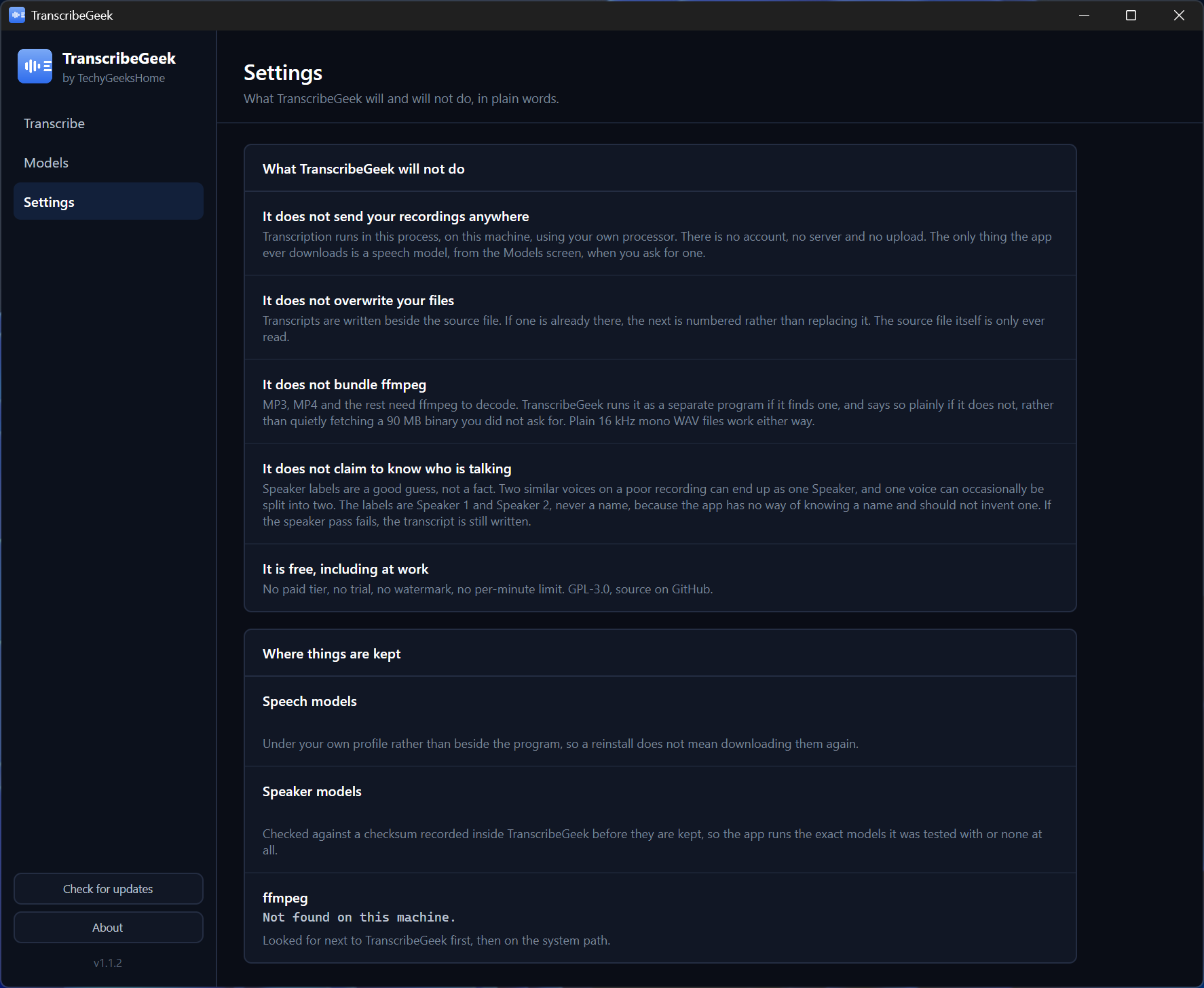 The Settings screen