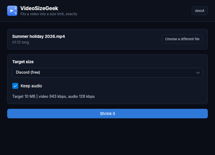 screenshot discord VideoSizeGeek with the Discord (free) preset picked