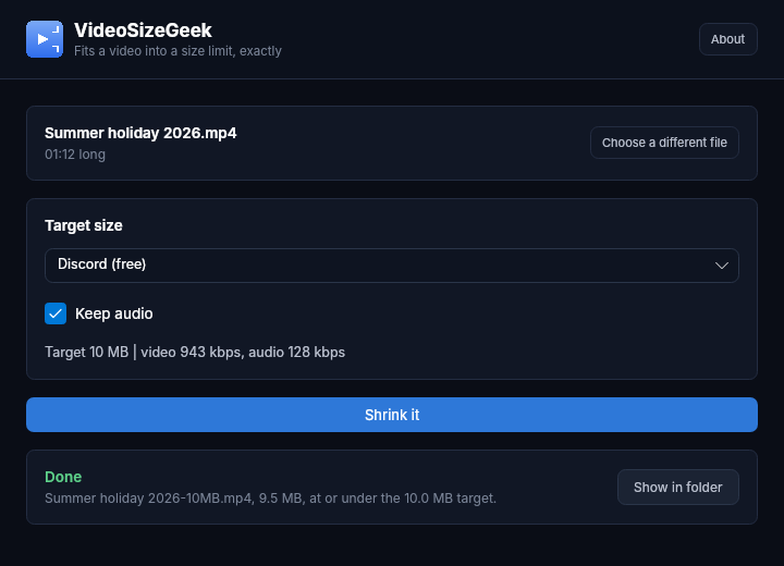 screenshot done Done: 9.5 MB, at or under the 10 MB target
