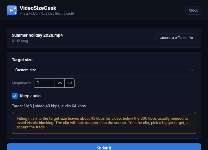screenshot too small The warning when a 1 MB target is too small for the clip