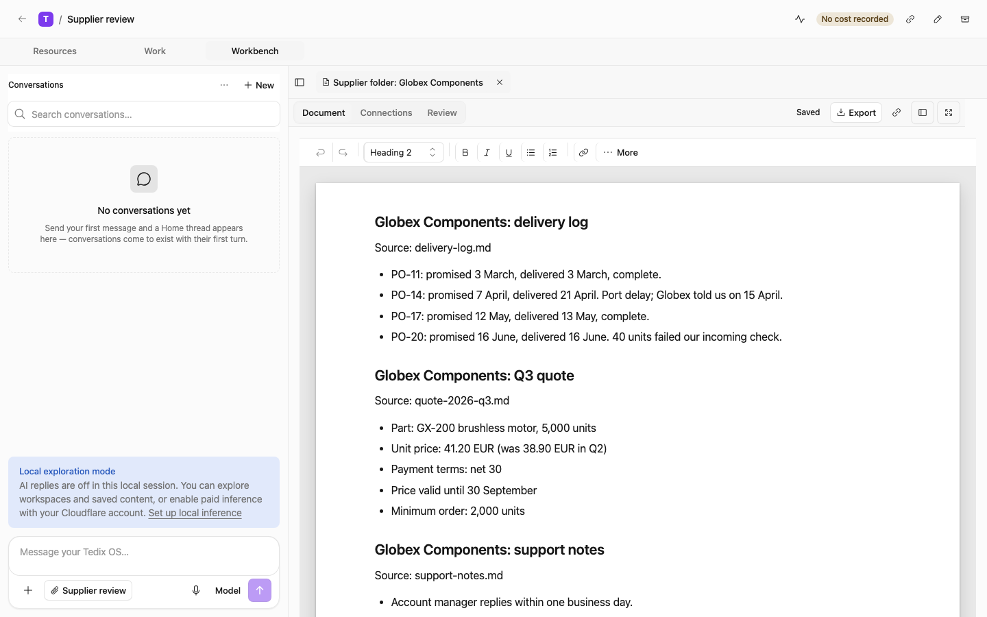 A supplier folder in a Tedix OS workspace