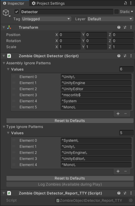 A screenshot of the Unity Inspector window, showing a ZombieObjectDetector and a ZombieObjectDetector_Report_TTY