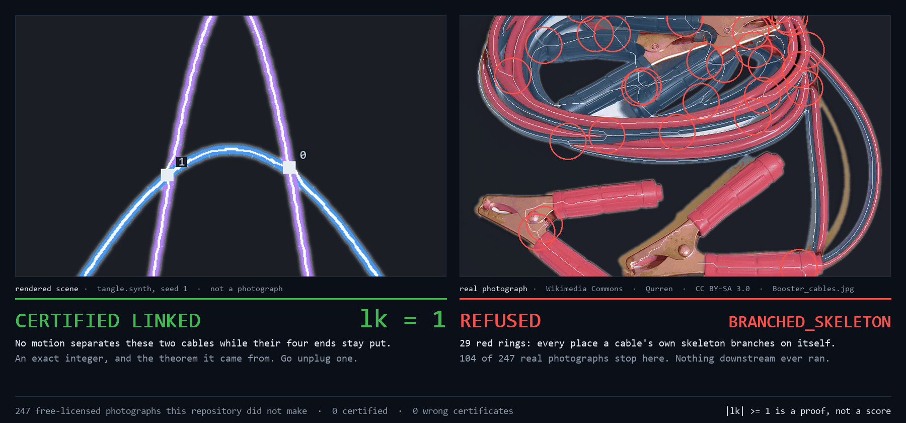 Left: a rendered two-cable scene, traced, its two crossings numbered, CERTIFIED LINKED with lk = 1. Right: a real Wikimedia Commons photograph of booster cables with 29 red rings on the places its own skeleton branches, REFUSED with the reason BRANCHED_SKELETON. A rail underneath reads: 247 free-licensed photographs this repository did not make, 0 certified, 0 wrong certificates.